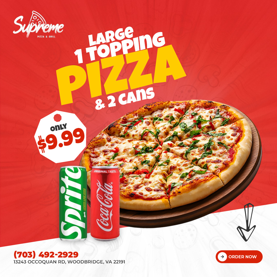 large 1-topping pizza with 2 cans for $9.99