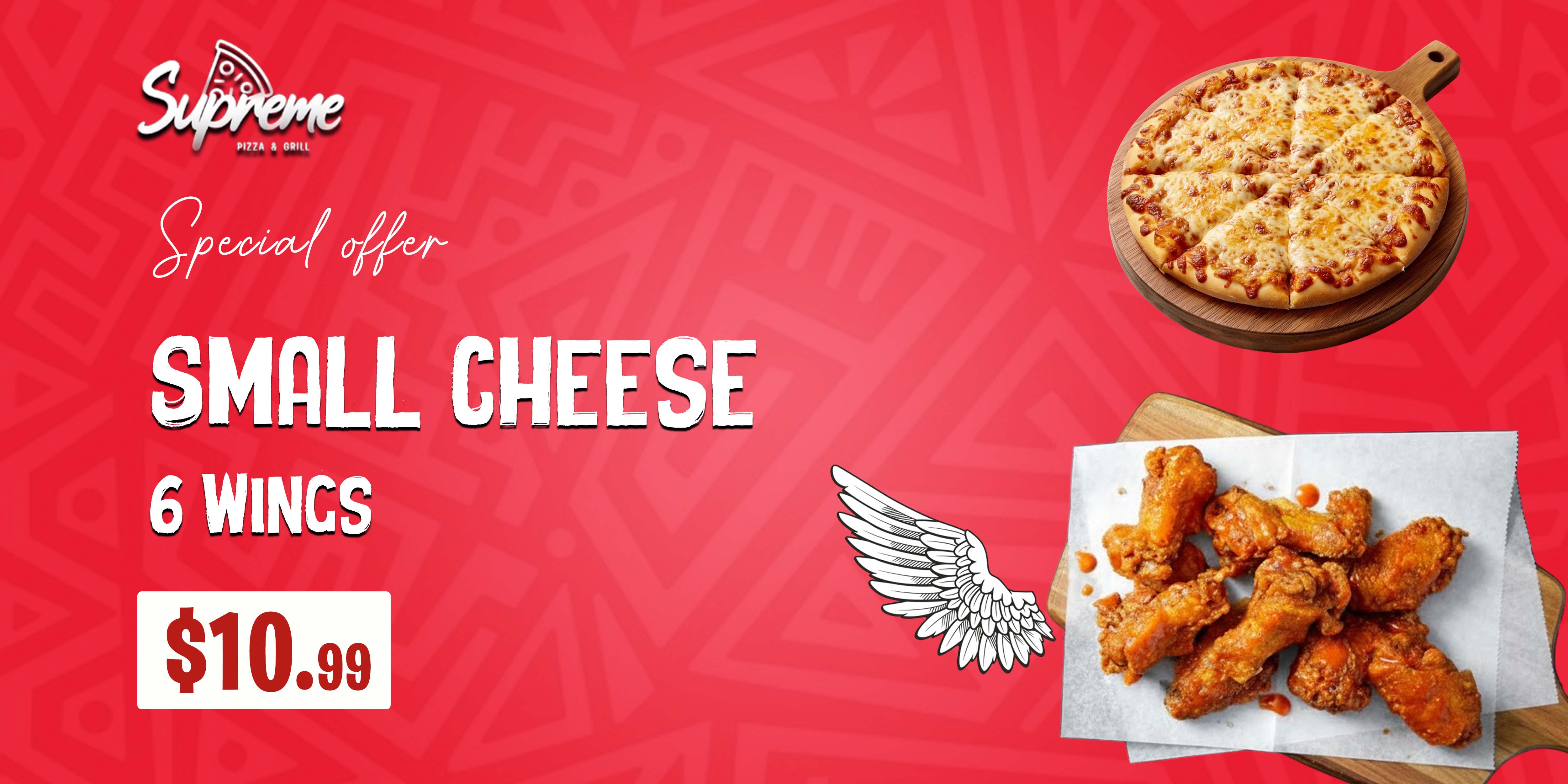 Small Cheese pizza and 6 wings